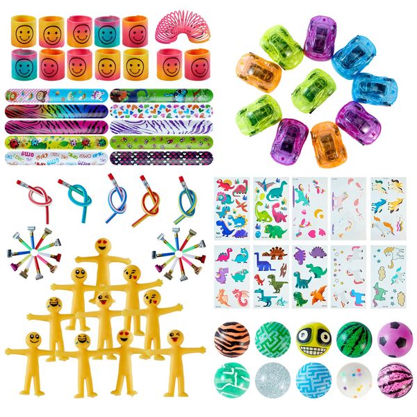 smokfon Party Bag Fillers for Kids Stocking Filler Toy Assortment With Rainbow Springs,Slap Bands,Bouncy Balls,Temporary Tattoos for Boys Girls Birthday Party Gift Classroom School Rewards Prizes