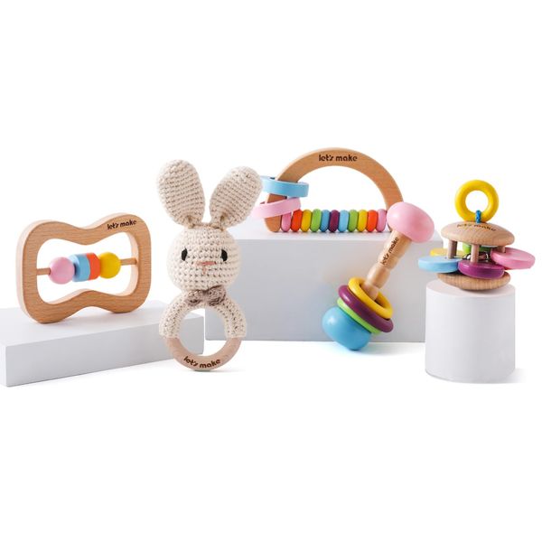 Wooden Baby Rattle Toys 5 PCS Rattle Set for Babies 0-6-12 Months Bunny Crochet Rattle Ring with Gift Box Wooden Montessori Toy for Newborn Infant Baby