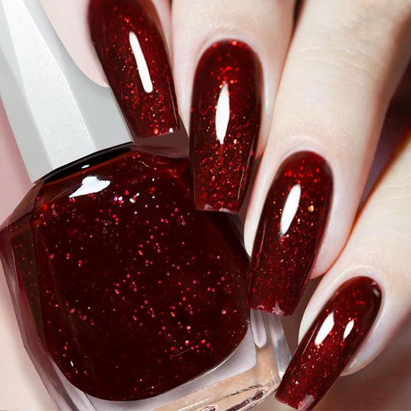 Red Glitter Nail Polish, Burgundy Glitter Nail Polish, Red Glitter Nail Polish, Quick Dry Dark Red Nail Polish, Long Lasting Nail Varnish for DIY Nail Art at Home, Easy to Apply Red Sparkle