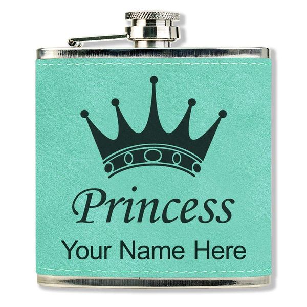 Faux Leather Flask, Princess Crown, Personalized Engraving Included (Teal)