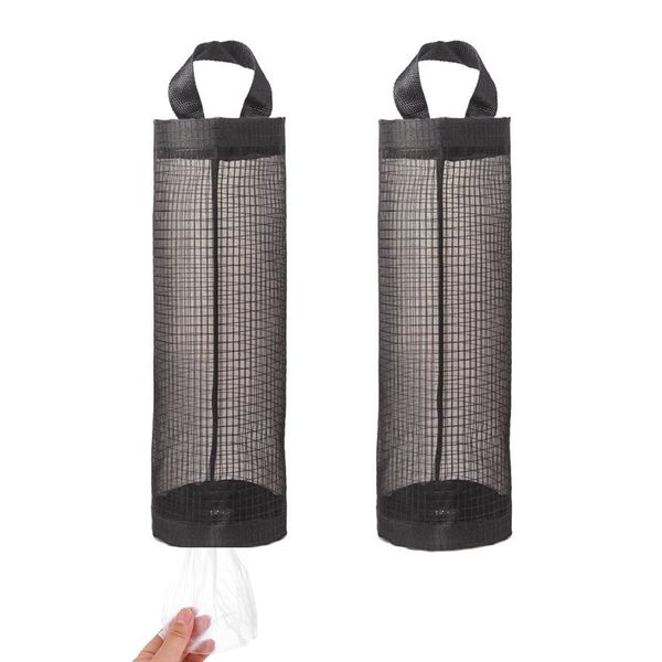 2 Pieces Black Plastic Bag Holder,Breathable Mesh Hanging Grocery Bag Holder Holder Storage Bag Dispenser,Foldable Mesh Hanging Storage Bag Dispenser Plastic Shopping Bag Dispenser for Home Kitchen