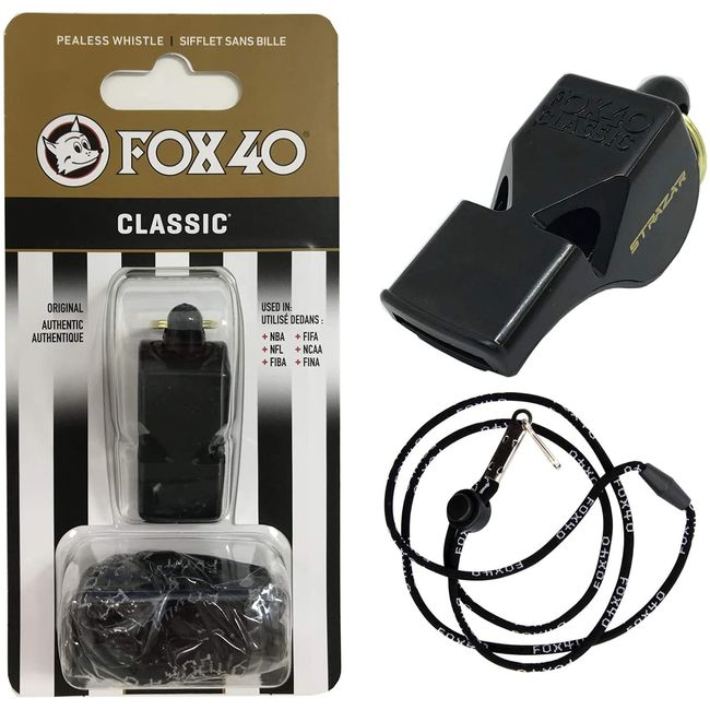 FOX40 Classic 115db Whistle (Black) Lanyard Included, Pealess Construction (No Cork Balls) STRAZAR (STR-WHSC-B)