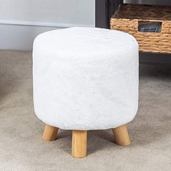 Small Footstool Round Ottoman With Wood Legs Furry Footrest Padded Seat Pets Ste