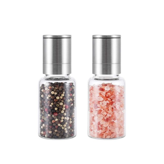 VKCHEF Pepper Mill Manual Salt Rock Salt Spice Mill Transparent Heat Resistant Glass Stainless Steel Ceramic Mill Coarseness Adjustment Seasoning Crystal Salt Salt Pepper Black Pepper Grinder Easy Operation Cooking Supplies Condiment Set of 2