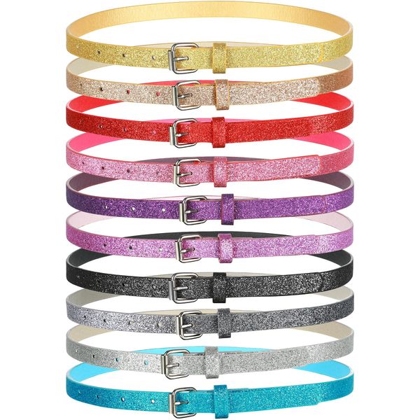 SATINIOR 10 Pieces PU Leather Glitter Belts Cute Shiny PU Leather Belts Girls Dress Belts Colorful Skinny Kids Belts for Girls (Small), Multicolor