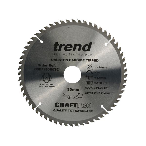 Trend CraftPro TCT Cordless Thin Kerf Combination Sawblade for Wood, 190mm Diameter, 30mm Bore, 60 Teeth, 1.6mm Kerf, +25° Hook, CSB/19060TC