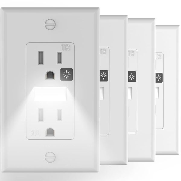 SOZULAMP Receptacle Outlet with Night Light,White Standard Decorator Electrical Wall Outlet,15A,2 Pole,3 Wire,Tamper-Resistant,Wall Plate Included(4 Pack,White)