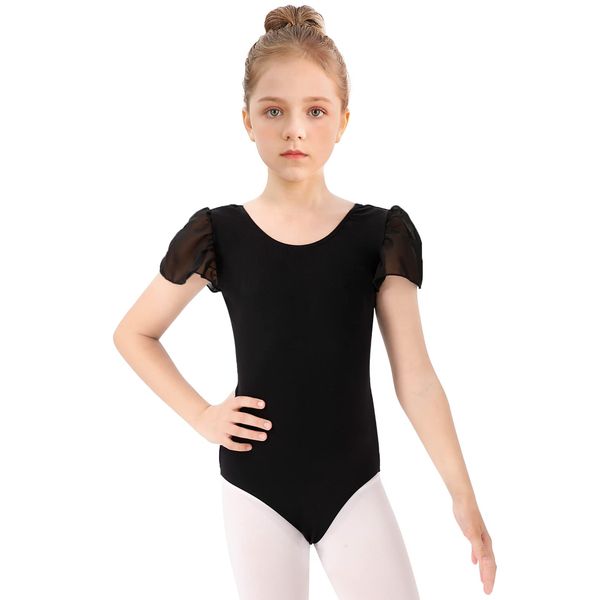Bezioner Ballettkleidung Mädchen, Kinder Ballett Trikot Ballettanzug Puffärmel TanzBody for 3-12 Jahre Schwarz 130