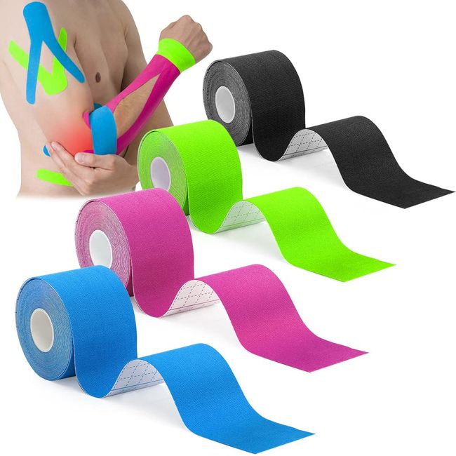 Kinesiologie Tape 4 Rollen Kinesiotapes 5m x 5cm Hautfreundlich Kinesio Tapes Elastischen Erste Hilfe Band Wasserfest Tape Set für Knie, Schulter und Ellenbogen, Muskelstraffende Bänder