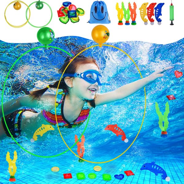 Faburo 20PCS Swimming Pool Toys, Diving Toys Set Including Diving Rings, Seaweed, Diamonds, Dolphins, Underwater Swimming Pool Toys for Kids Suitable for Games and Training Gifts.