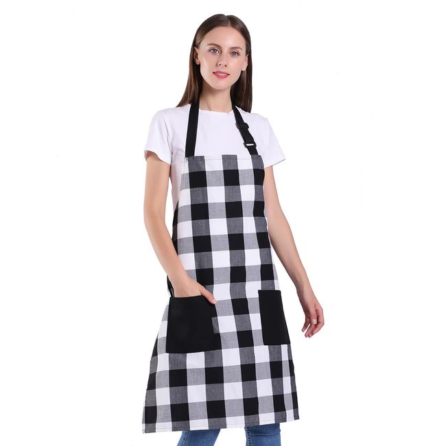 [GOENJOYSELF] Women Cute Apron, Ladies Cotton Apron with Adjustable Neck Strap, Cute Apron for Kitchen Cooking, Home Bakery (Black and White Grid)