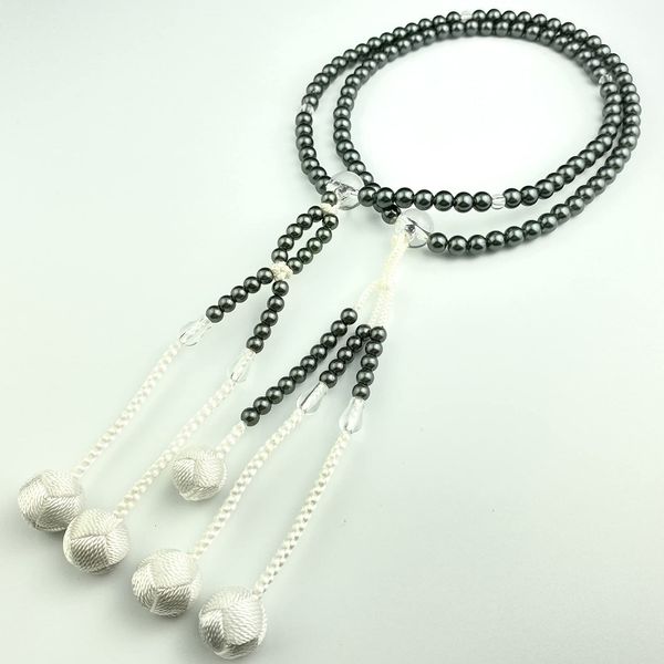 Myorenka SGI Prayer Beads for Soka Gakkai Prayer Beads for Men and Women, Medium Size, Black Pearl, PC Crystal Setting, White Tassels