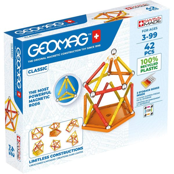 GEOMAG Magnetic Sticks and Balls Building Set | STEM & Educational Magnet Toys made from 100% Recycled Plastic | Storage box | Classic 42 Piece Age 3-99