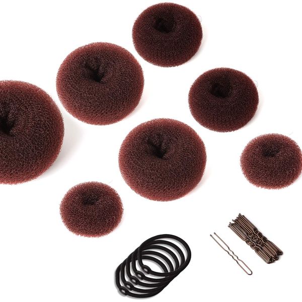 Donut Hair Bun Maker Set 7 Stück - Frisurenhilfe Set mit 5 elastischen Haarband, 20 U-Form Haarspange Haarnadel, Haarknoten Former Set für Kinder Mädchen Frauen (Braun)