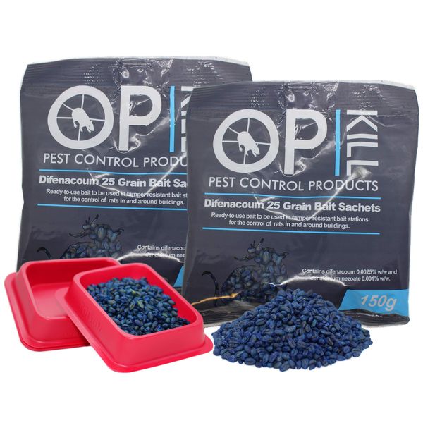 Opkill Professional Rat & Mouse Killer Poison Grain Twin Pack 300g Strongest Bait Available Fast acting Safe for Professional and Domestic use (2x 150g)