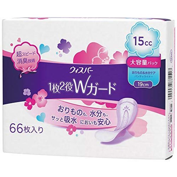 Whisper 2-in-1 W Guard, Bage & Moisture Care Panties Liner, 0.6 fl oz (15 cc), 66 Sheets x 7 Pieces