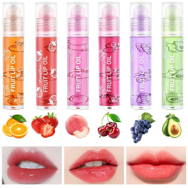 Hydrating Lip Oil Set, 6 Pcs Rollerball Fruit-Flavored Lip Gloss, Long Lasting Moisturizing Lip Balm Lip Care, Transparent Colorless No-Sticky Plumping Lip Oil Liquid Lipstick Kit