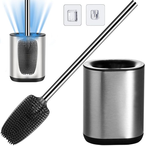 Bingobang Toilet Brush and Holder Set 304 Stainless Steel,Silicone Brush Head,Toilet Cleaner Brush for Bathroom Toilet (Silver)