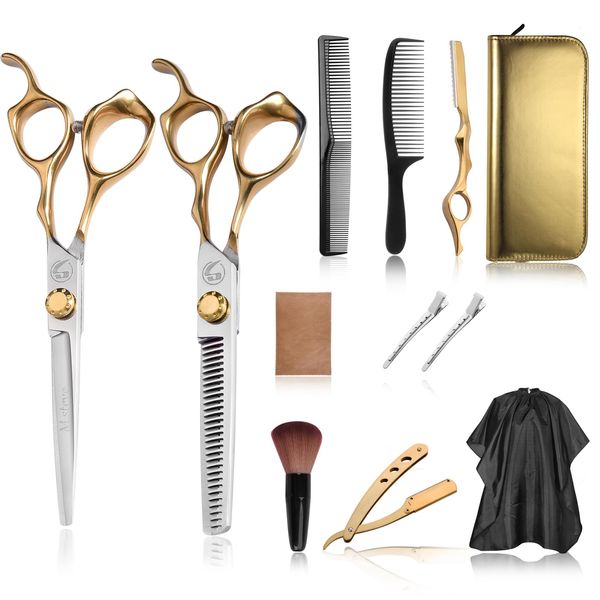 Hair Cutting Scissors Kit, Hair Scissors Professional Stainless Steel Haircut Scissors with Hair Shears, Thinning Shears, Haircut Accessories in Leather Case for Barber/Home 12PCS Gold Silver