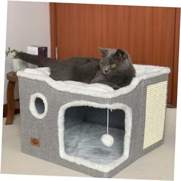 Cat Bed for Indoor Cats,Covered Cat Cave House & Furniture Light Gray 2-level