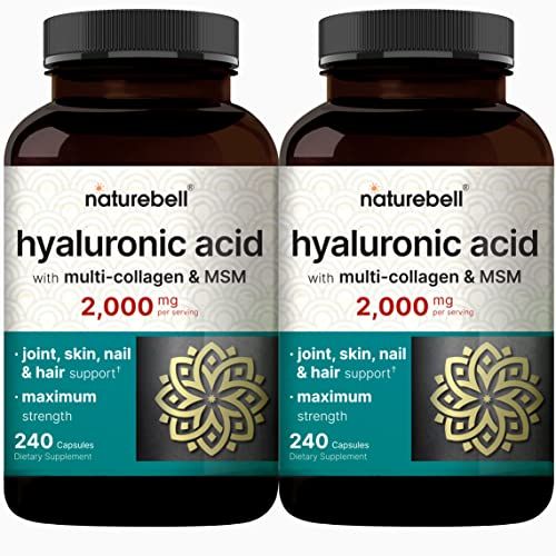NatureBell 2 Pack Hyaluronic Acid Supplements 2000mg | 480 Total Capsules, with MSM & Multi Collagen – 3 in 1 Support – Skin Hydration, Joint Lubrication, Hair, and Eye Health
