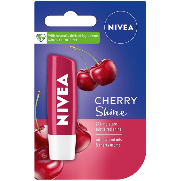 NIVEA Lip Balm Cherry Shine (4.8g), Moisturising Lip Balm Enriched with Natural Oils, Shimmery Lip Gloss for Girls for 24h Hydration, Lip Care with Fruity Cherry Flavour