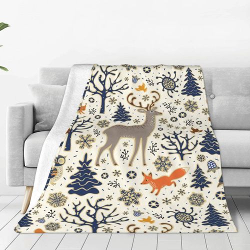 Winter Forest Deer Throw Blanket for Bed Sofa Couch Owl Fox Squirrel Birds Trees and Snowflakes Fleece Blankets Lightweight Soft Cozy 50"x40"