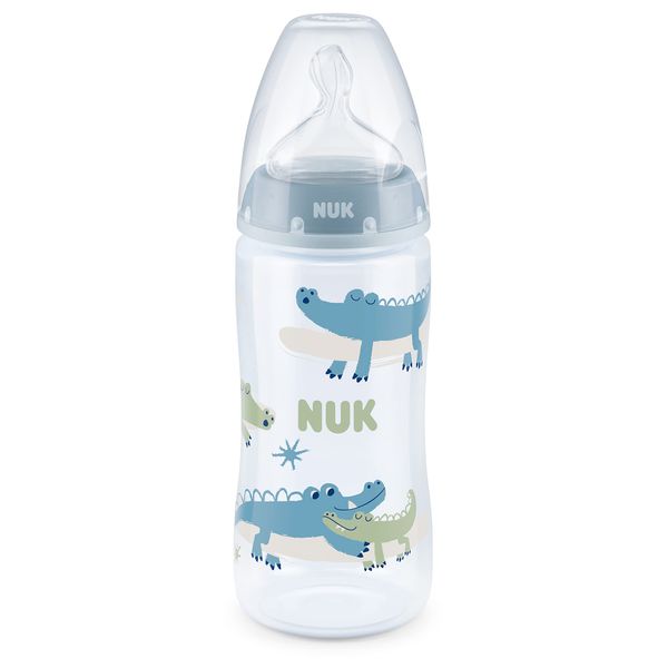 NUK First Choice+ Baby Bottle | 6-18 Months | Temperature Control | Flow Control | Anti-Colic Valve | 300ml | BPA Free | Silicone Teat | Blue Crocodile