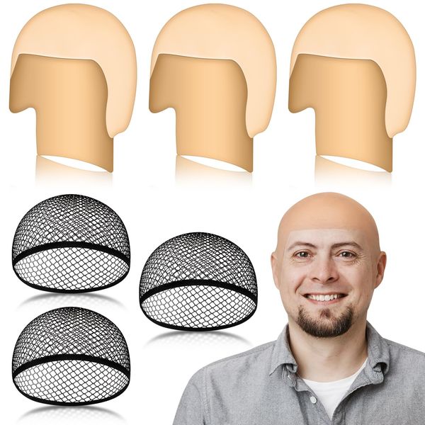 Wavwavw 6 Pcs Bald Caps Makeup Latex Bald Head Wig Cap Bald Hat Cosplay Makeup Costume Accessories for Women Men, Beige and Black