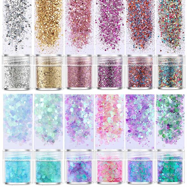 Lumeiy Holographische Chunky Glitter 12 Farben für Körper Gesicht Haar Augen Party Schönheit Make-up, Nail Art, Dekorativ, Malerei