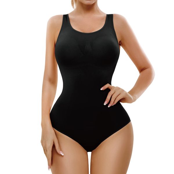 AMRIY Shapewear Bodysuit for Women Tummy Control Body Shaper Plus Size Seamless Full Body Black,L