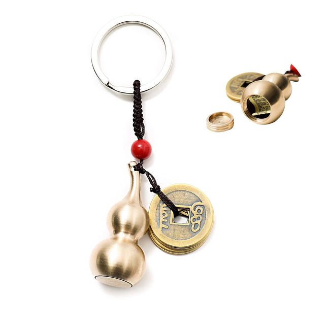 GJMY Feng Shui Coins with Brass Calabash Wu Lou Key Chain for Longevity Travel Safely Wealth Porsperity Success and Good Luck with Blessing Paper in it