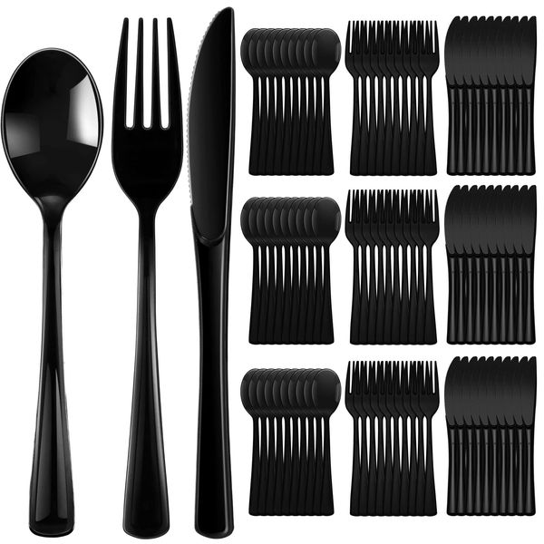 150 Pieces Disposable Cutlery Set Plastic Silverware Heavy Duty Utensil Sets 50 Forks 50 Knives 50 Spoons for Home Office School Party Picnics Restaurant Outdoor Events or Every Day Use (Black)