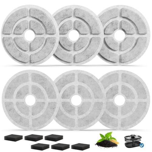 6 Pack Pet Fountain Filter Replacement for 2.5 Gal / 9.5 L Large Dog Water Fountains, 7" Larger Water Bowl Filter Replacement, Coconut Activated Dog Fountain Filters(6 Filters+ 6 Sponges)