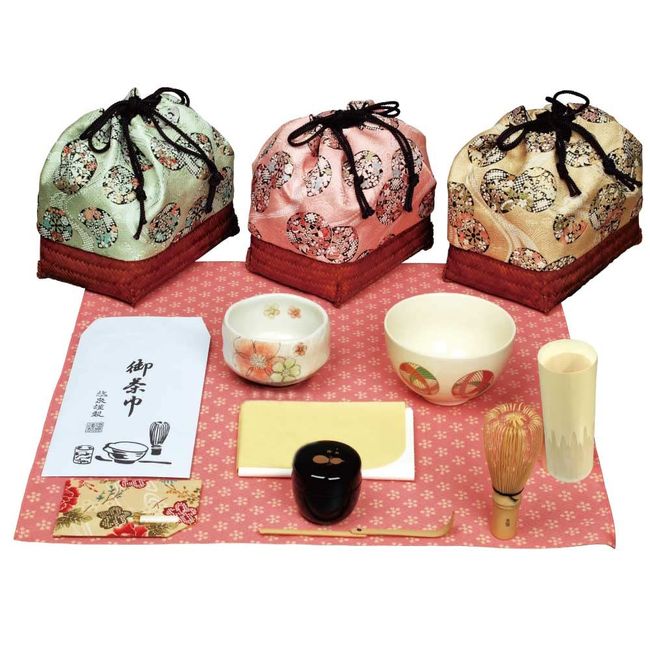 Nodata Genji Basket Set (Rikyu Rice Bowl, Small Rice Bowl, Resin Size, Chasen, Bamboo Tea Basin, Tea Cloth, Ochashaku, Kaisaki, Kaisaki, Pastry Dish, Furoshiki) Rose