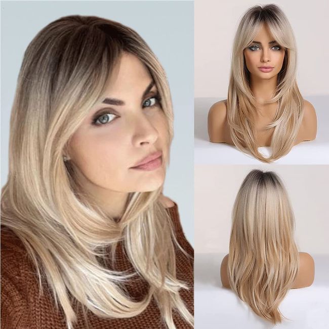 Blonde Perücken für Damen, synthetische lange, leicht gelockte, geschichtete Perücke mit Fransen. Natürliches Ombre-Blond mit dunklen Wurzeln für tägliches Tragen und auf einer Party, Ombre-Blond