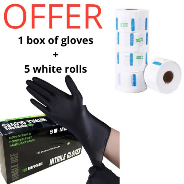 5 Rolls Barber Neck Paper Strips / Nitrile Gloves Black Box of 100 - Sizes S,L,M