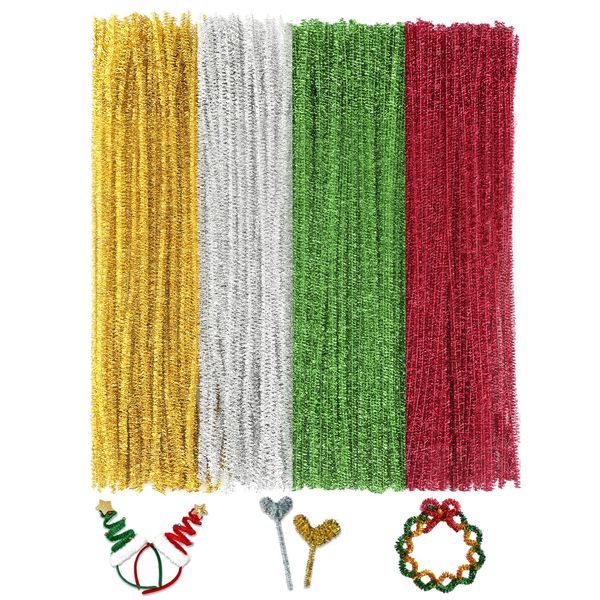 FirstKitchen Glitter Pipe Cleaners, 200pcs 4 Colors Pipe Cleaner Christmas, 0.23"X12" Long Sparkle Chenilles Stems Pipe Cleaner, Christmas Craft Pipecleaners for DIY Arts Crafts and Cleaning