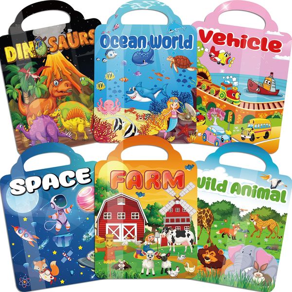 Kalysky 6Set Puffy Sticker Books for Kids 2-4, 3D Reusable Stickers Books for Toddlers 1-3,2-4,Farm+Animal+Dinosaurs+Ocean World+Space+Vehicle