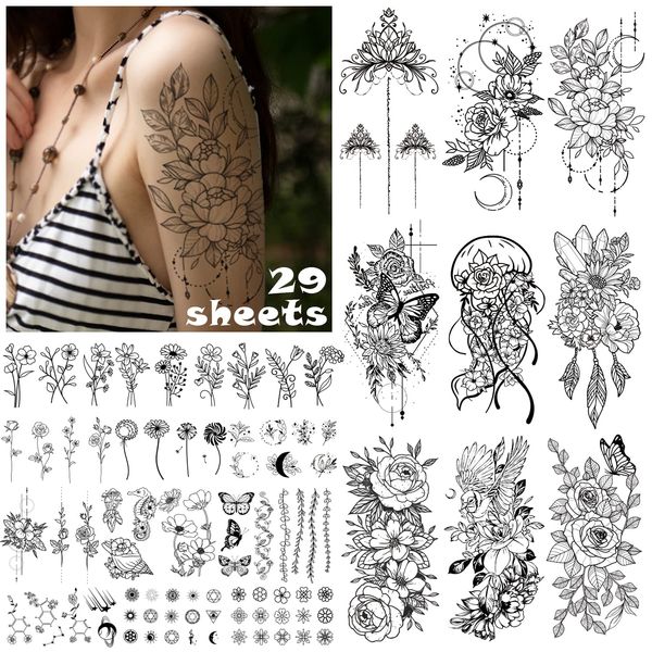 Acevegue 29 Sheets Fake Tattoos, Temporäre Tattoos Klebetattoos Erwachsene 3D Wasserdicht Tattoo Temporär Tattoos Mädchen Arm Tattoo Aufkleber Fake Tattoos Frauen Tatoos Aufkleben Damen