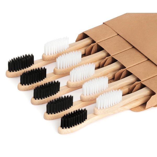 NUDUKO Biodegradable Bamboo Toothbrushes, 10 Piece BPA Free Soft Bristles Toothbrushes, Natural, Eco-Friendly, Green and Compostable