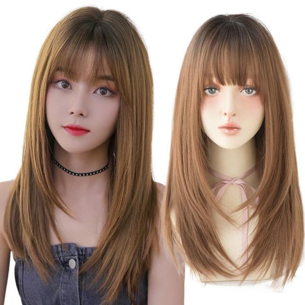 Long Straight Wig, Semi-Long, Black Hair, Crossdressing, Full Wig, Lolita Cosplay Wig, Small Face, Natural, Heat Resistant, Net Gift Box Included (Light Brown)