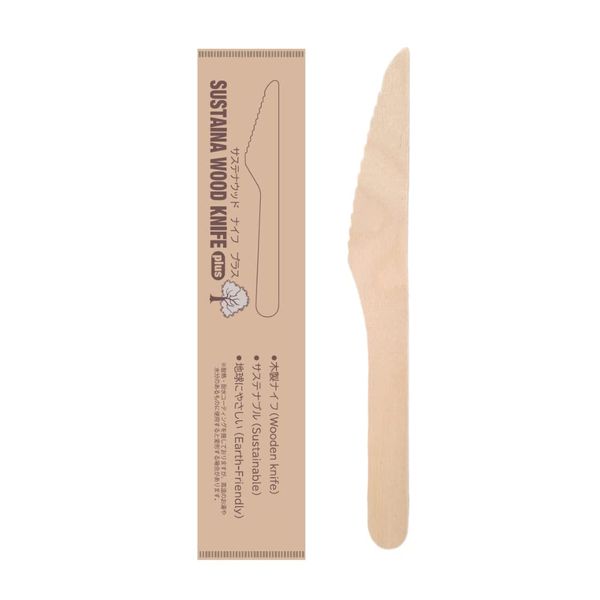 Ozax Sustena Wood Knife Plus, Individually Packaged, 100 Pieces, Disposable Wooden Cutlery, Heat Resistant, Water Resistant, Commercial Use