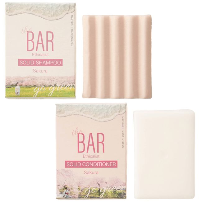 TheBAR Solid Shampoo & Conditioner Set, Sakura Hypoallergenic, Foaming, Functional Ingredients Blend, Moisturizing, High Concentration, Organic Shampoo Bar, Made in Japan, Cherry Scent