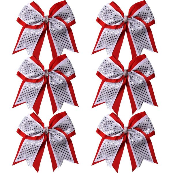 Cheerleader Bows 8 Inch 3 Layers 6 Pcs Ponytail Holder Jumbo Cheerleading Bows Hair Elastic Hair Tie for High School College (Red/White/Silver)