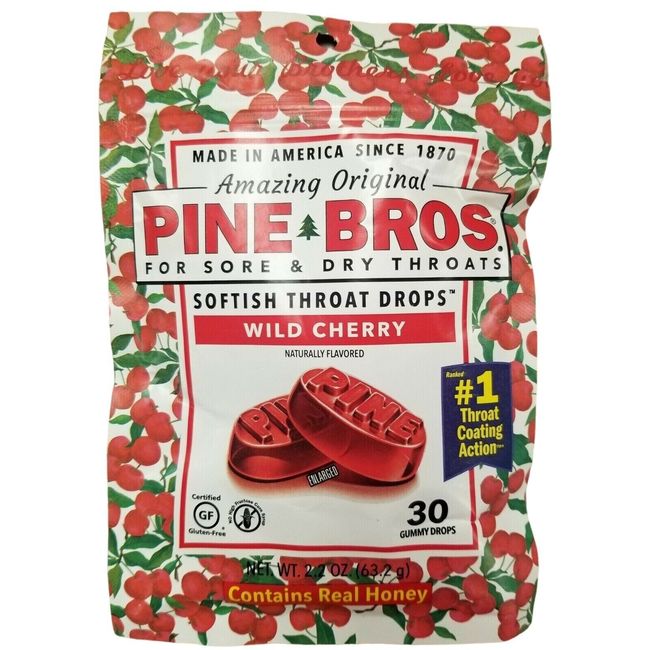 PINE BROS Throat Drops WILD CHERRY 30 Gummy Drops ^