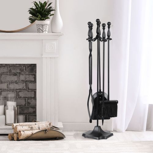 5X Fireplace Tools Fire Pit Stand Rustic Tongs Shovel Brush Chimney Poker Black