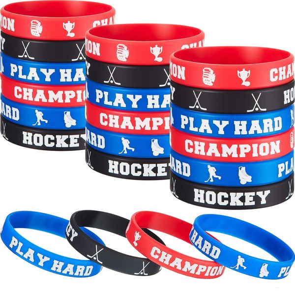 BBTO 48 Pieces Hockey Rubber Bracelets Silicone Hockey Wristband Stretch Rubber Bracelets for Sport Themed Party Supplies