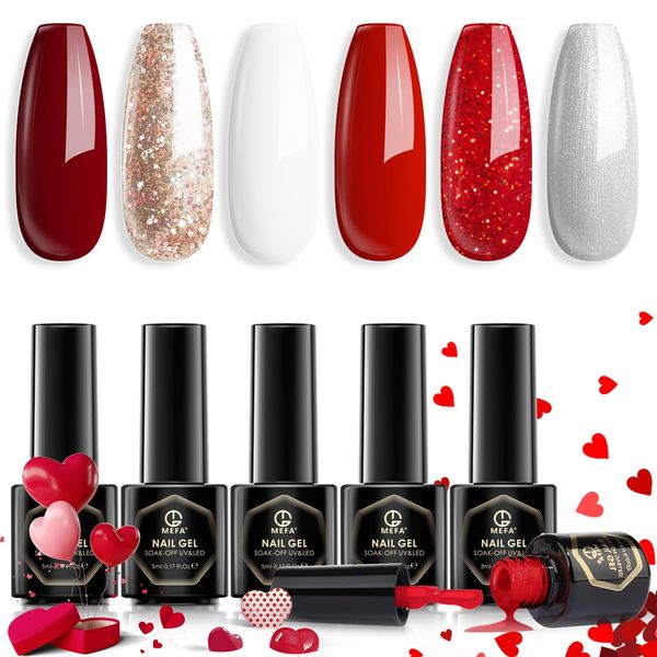 MEFA Red Gel Nail Polish Set 6 Colors, Red White Glitter Shades Sparkle Silver Champagne Love Times Tones Spring Nail Art Design at Home Manicure DIY Kit Gifts for Women Girl