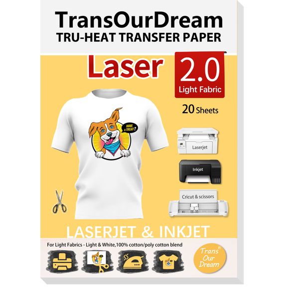 TransOurDream Tru-Transfer Paper Laser Inkjet Printer for Light Fabric 20 Sheets A4 Iron on Heat Transfer Paper for T Shirt Printing Paper Easy to Use Wash Durable Printable Heat Transfer Vinyl